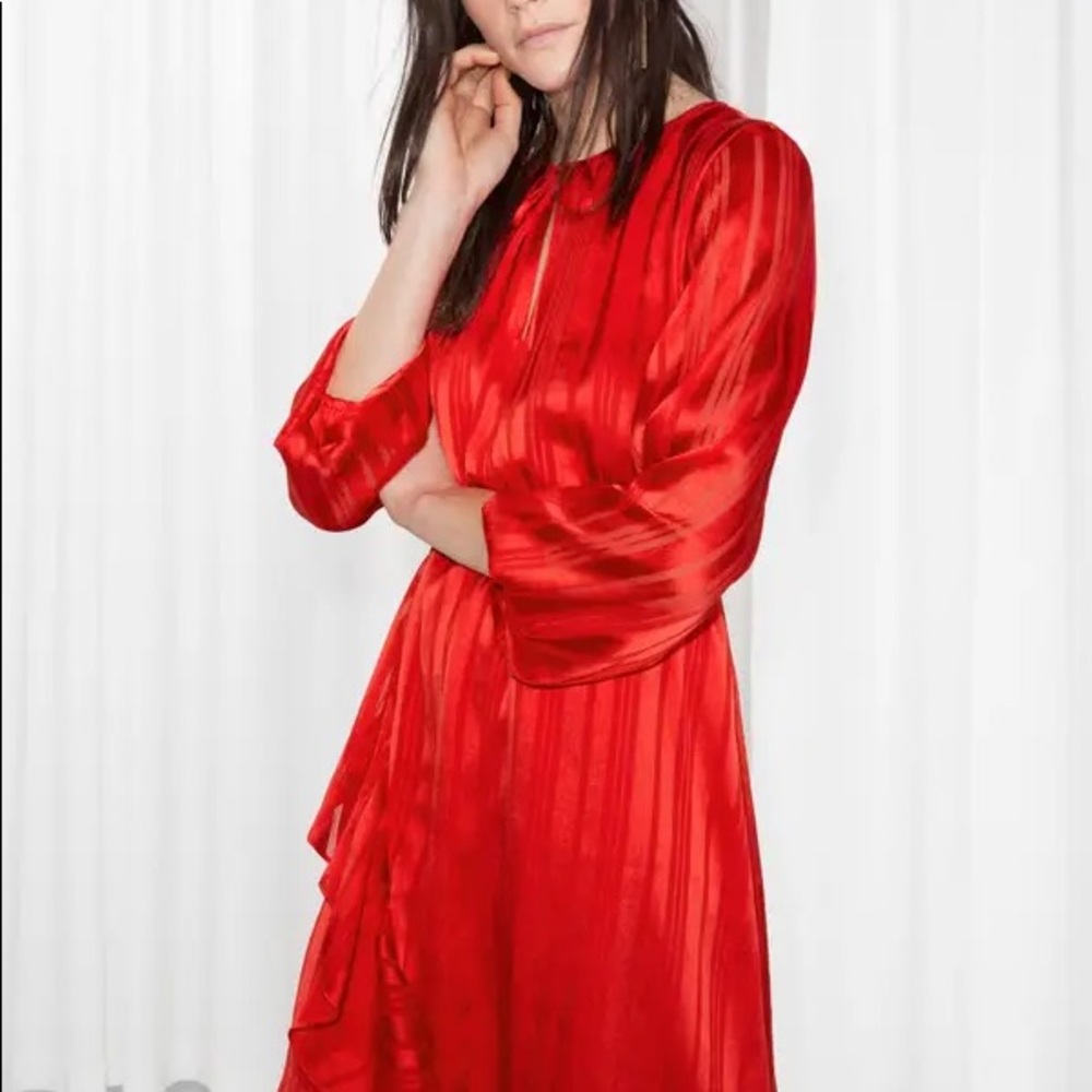 & Other Stories Red Satin Asymmetric Ruffle Dress